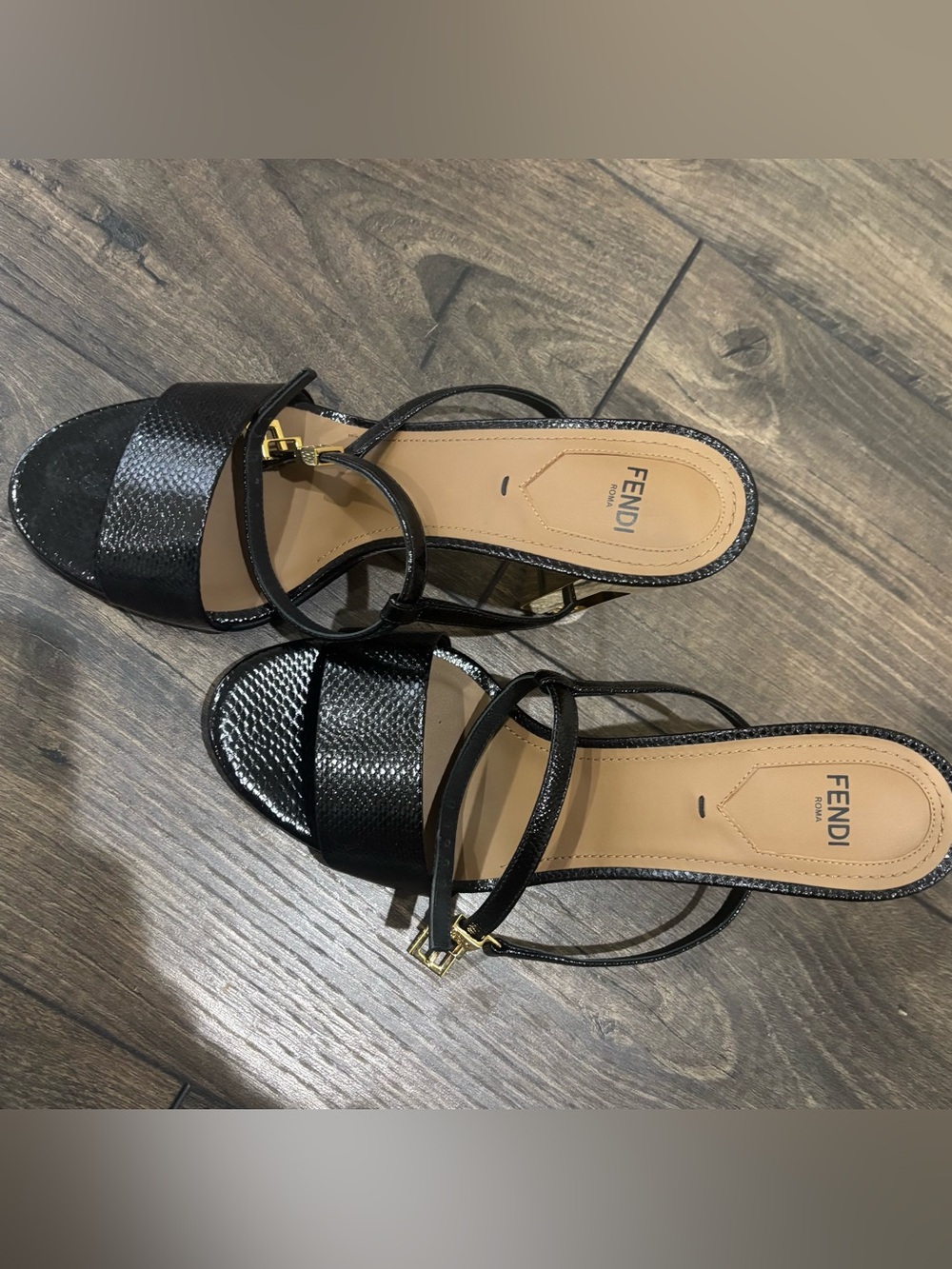 Fendi Delphine Ankle Strap Heel with Gold Block Heel - Picture 3 of 5